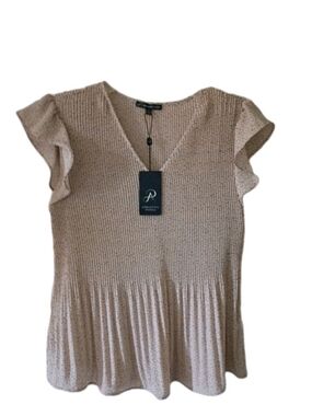 Adrianna Papell Beige Knit V‑Neck Midi Dress with Flutter Sleeves
